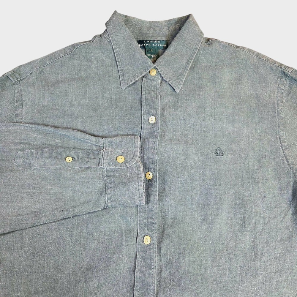 Lauren Ralph Lauren Shirt Womens Large Sage Green Linen Button Up Long Sleeve